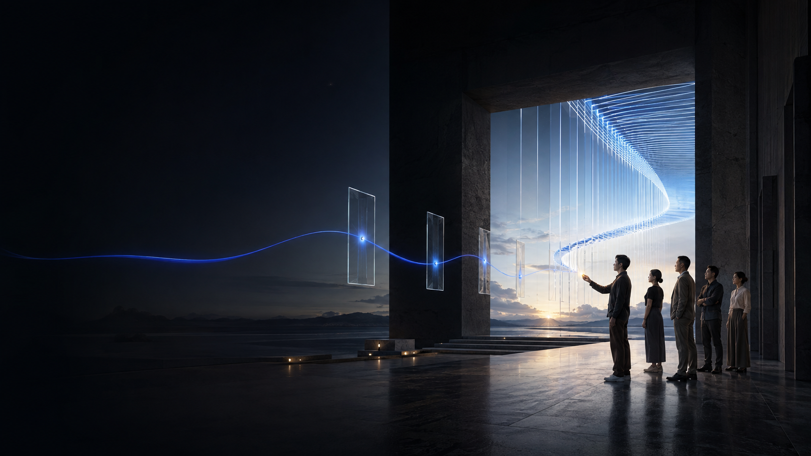 People standing at a threshold as a blue line becomes an architecture leading toward tomorrow.