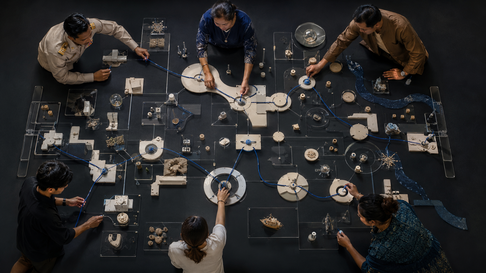 People shaping a physical operating system around a continuous blue thread.