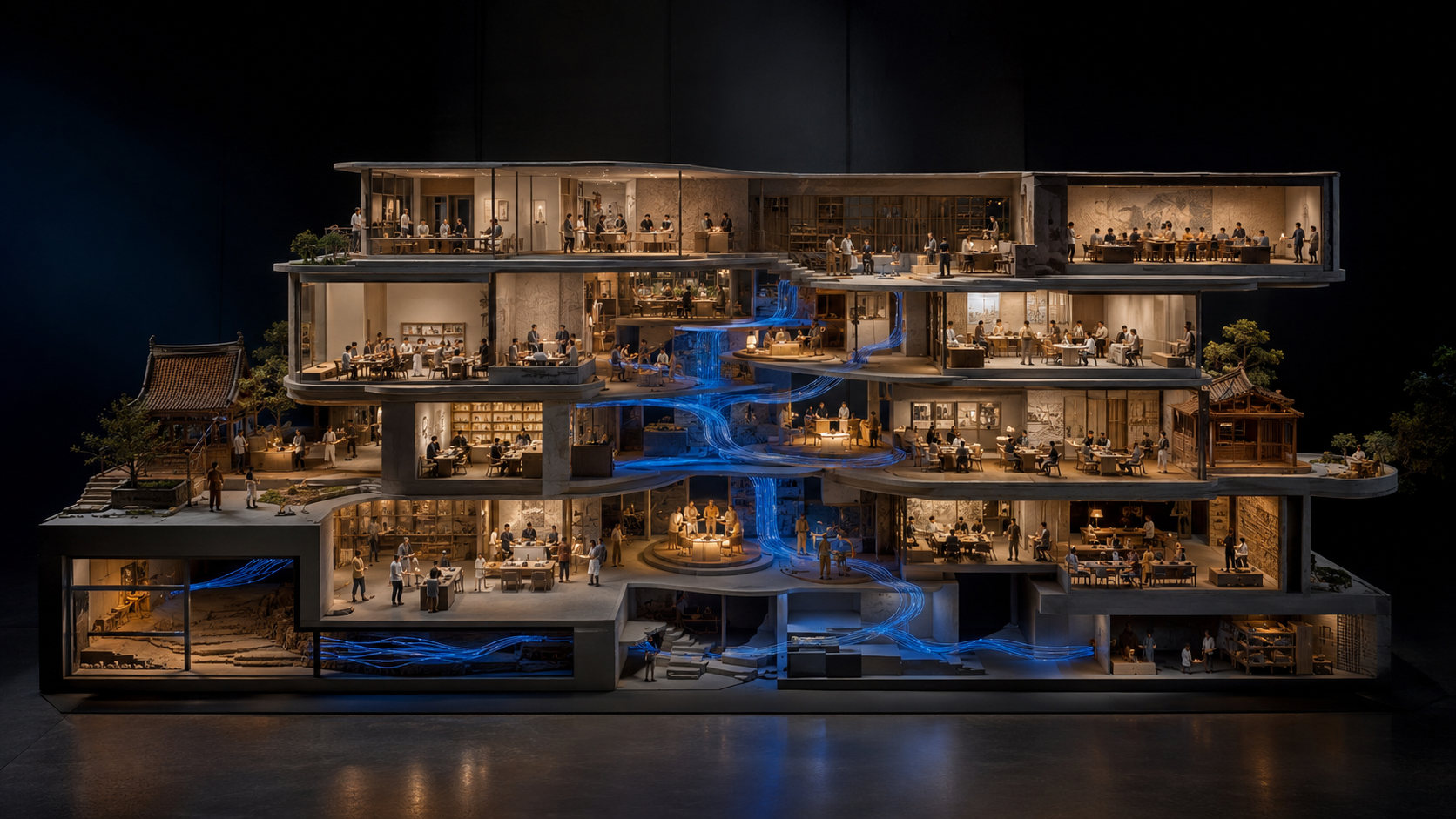 Cutaway institution showing intelligence flowing beneath human work and decision-making.