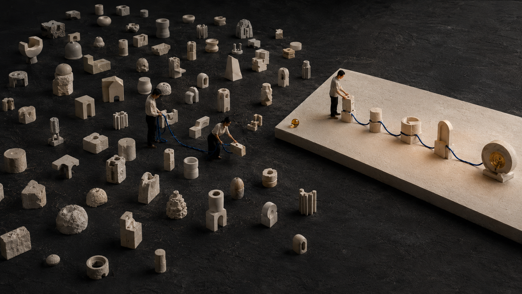 People lifting a few forms out of a scattered field of opportunities onto an ordered sequence.